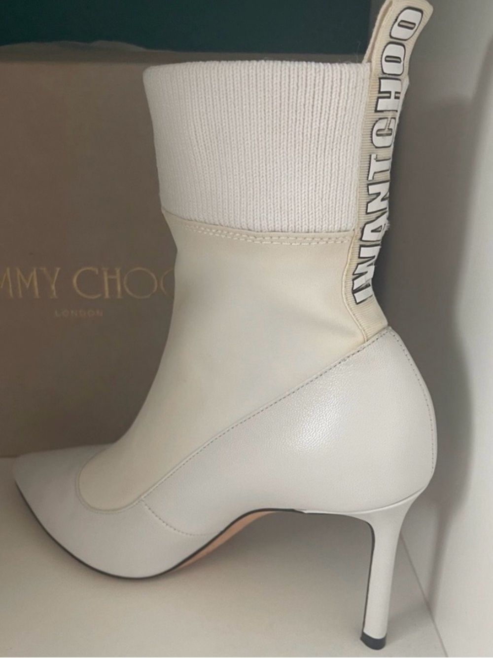 Jimmy Choo Cream Knit Ankle Sock Boot with Stiletto Heel
